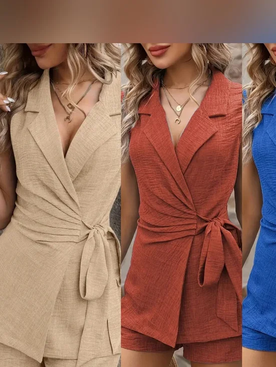 Sleeveless Tie Waist Beige Shorts Set - Picture 7 of 7